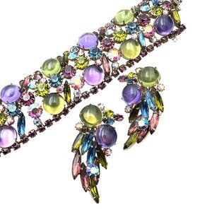 Vintage Unsigned Alice Caviness Bubble Glass Rhinestone Bracelet Earrings Set